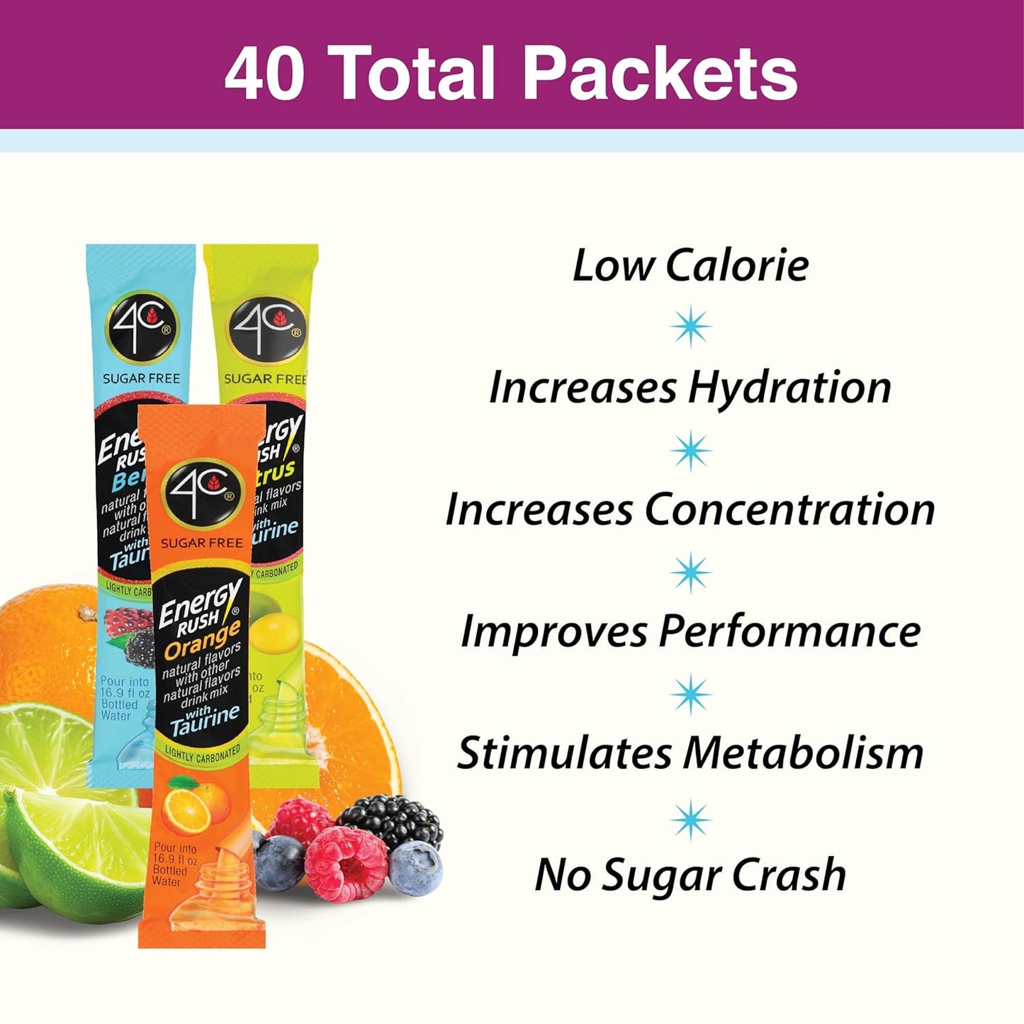 4C Energy Rush Stix – Refrigerator-Ready Hydration, Calorie-Free Powder Sticks to Replace Soda