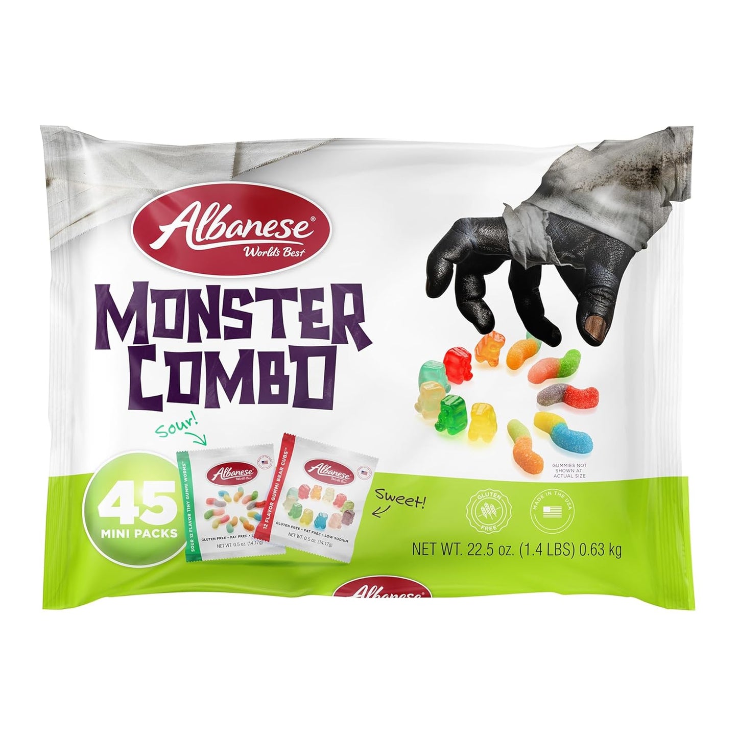 Albanese World's Best Sweet & Sour Monster Gummi Bear Cub Bags – Durable Wrapped Snack Packs for Outdoor Halloween Festivities