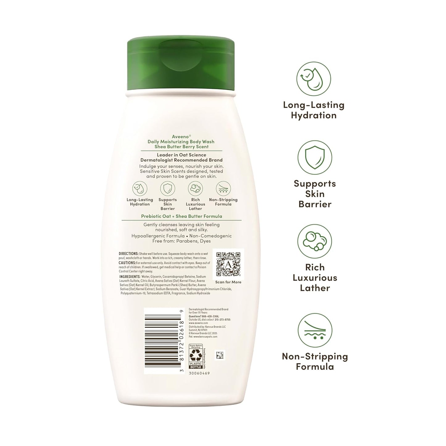 Aveeno Daily Moisturizing Body Wash, Shea Butter Berry – Hydrating Sensitive Skin Cleanser for a Spa-Like Self-Care Routine