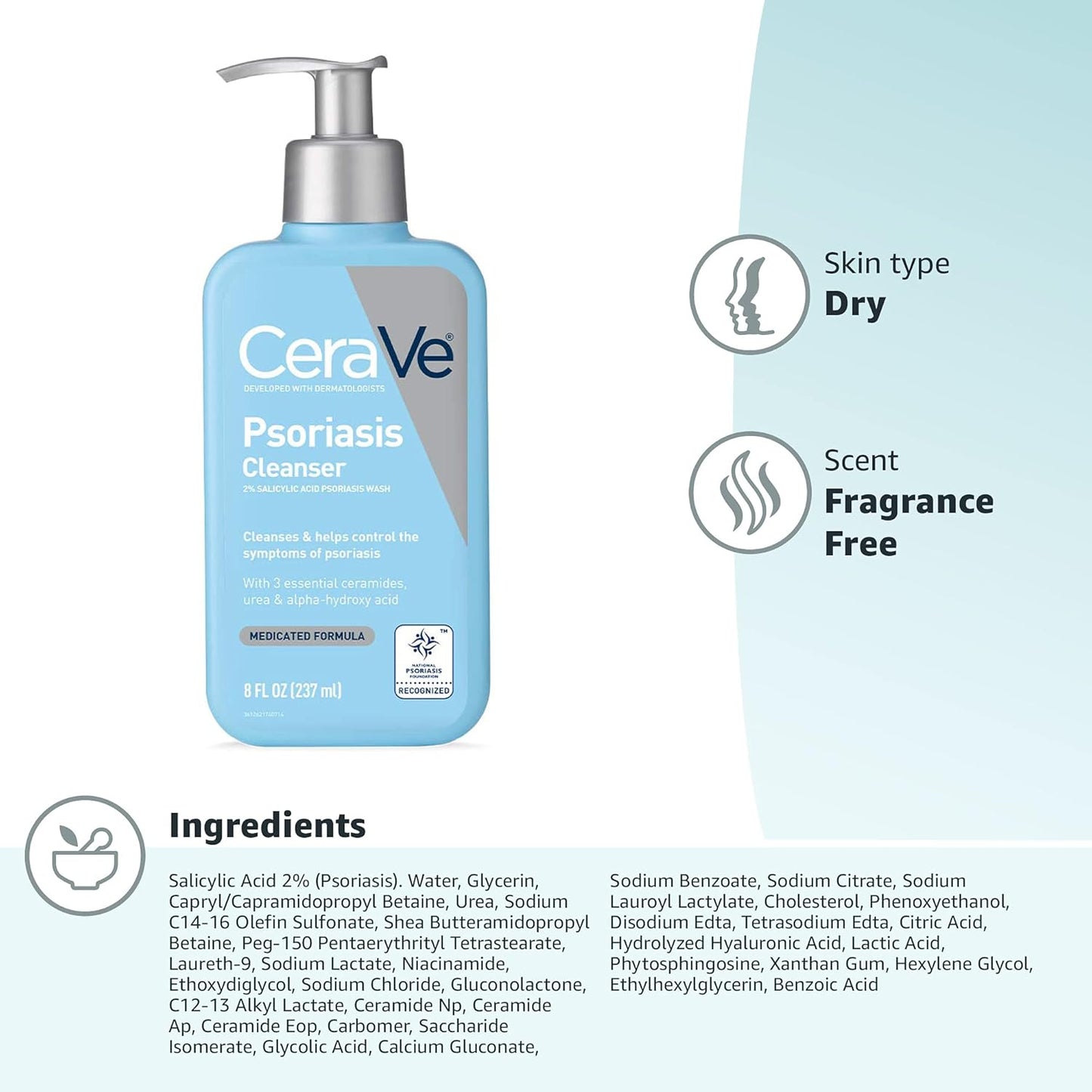 CeraVe Medicated Salicylic Acid Wash with Ceramides – Non-Comedogenic and Allergy-Tested Cleanser Safe for Acne-Prone and Psoriasis Areas