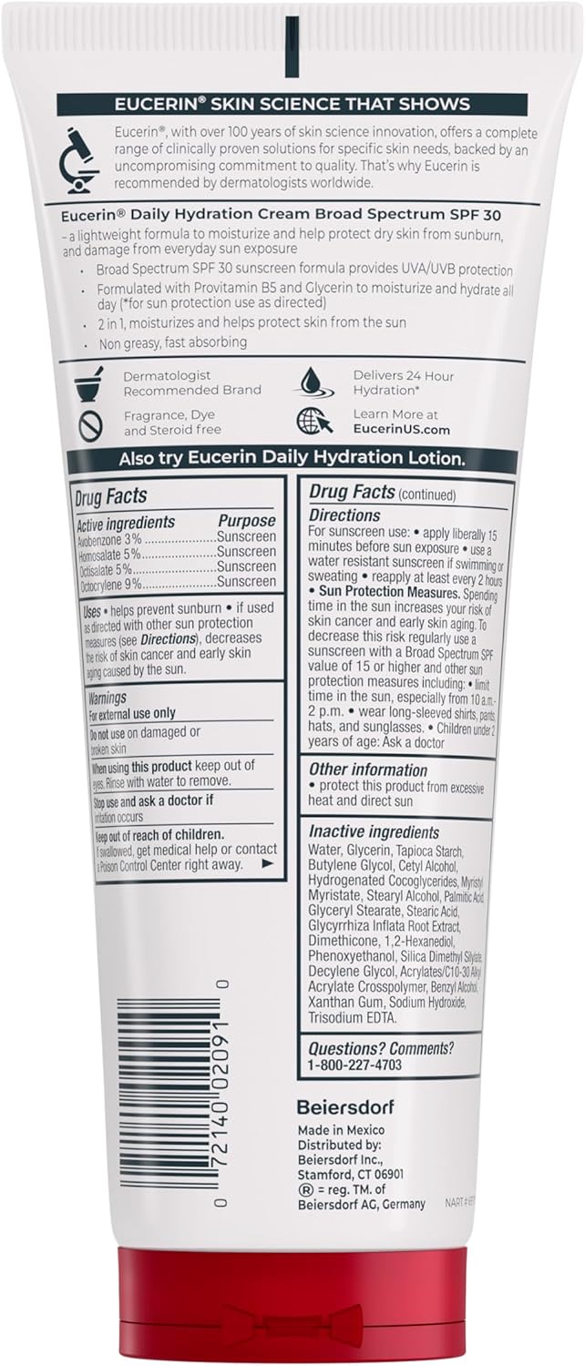 Eucerin Sensitive Skin Sunscreen Body Cream SPF 30 – Dye-Free Broad Spectrum Daily Protection, 8 Oz