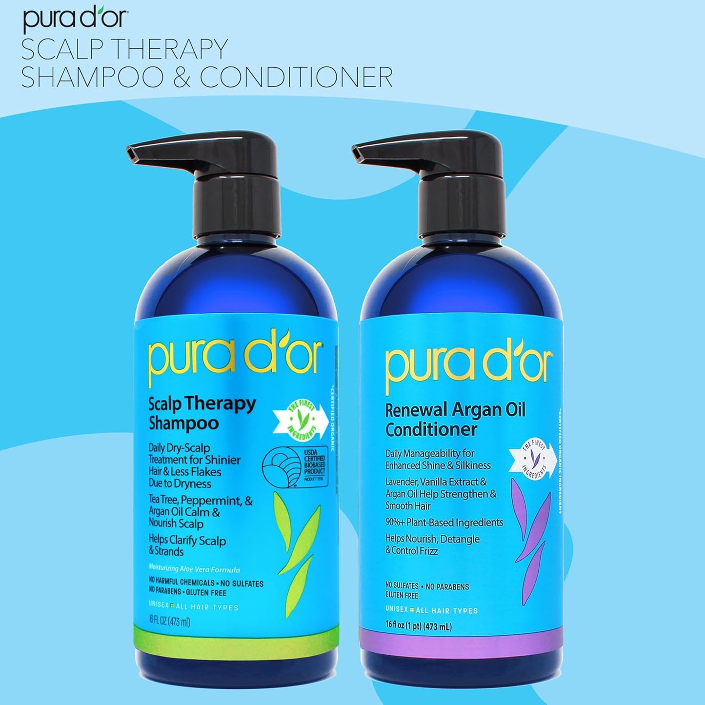 PURA D'OR Scalp Therapy Shampoo & Conditioner Duo — Long-Lasting Essential Oil Scent for Yoga Self-Care