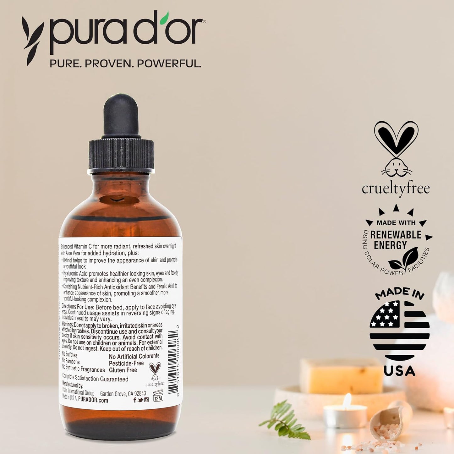 PURA D'OR Vitamin C Serum with Retinol and Ferulic Acid 4 Oz – High-End Daily Indulgence for Discerning Skin