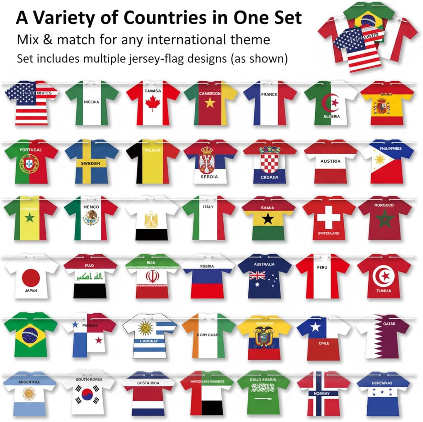 WorldDecor Backyard Tailgate Decor International Soccer Jersey Flag String 50 Pieces for Open Air Match Day Parties