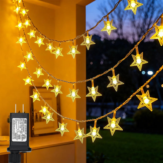 100 led star-shaped shatterproof plastic bulbs on 33ft light string plus 16.5ft lead wire