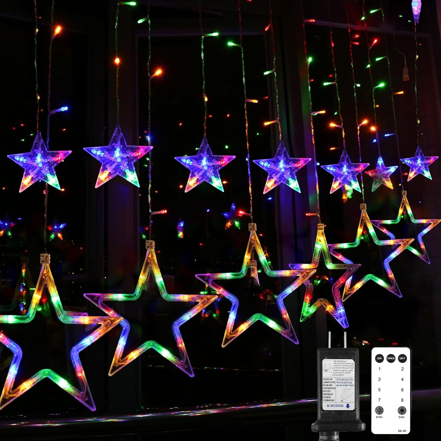 138 leds arranged as 12 stars (6 × 7.9" and 6 × 3.9") with 2 ft and 1.3 ft drop strands