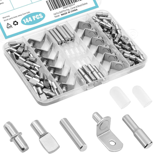 144-piece assortment across 5 distinct peg styles (l-shaped, dowel, flat spoon, cylindrical, dual-diameter)