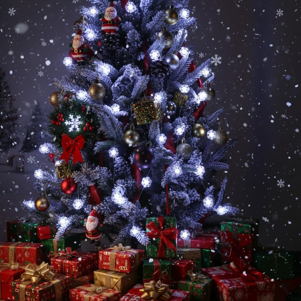 20 led snowflake-shaped bulbs per 7-foot string with cold white glow