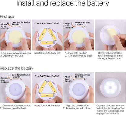 3 aaa battery power per puck (9 total included requirement) with twist-off split housing for easy swap