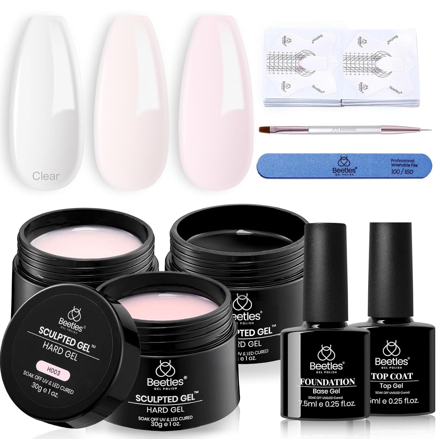 3 x 30g hard builder gels in clear, nude, and pink shades