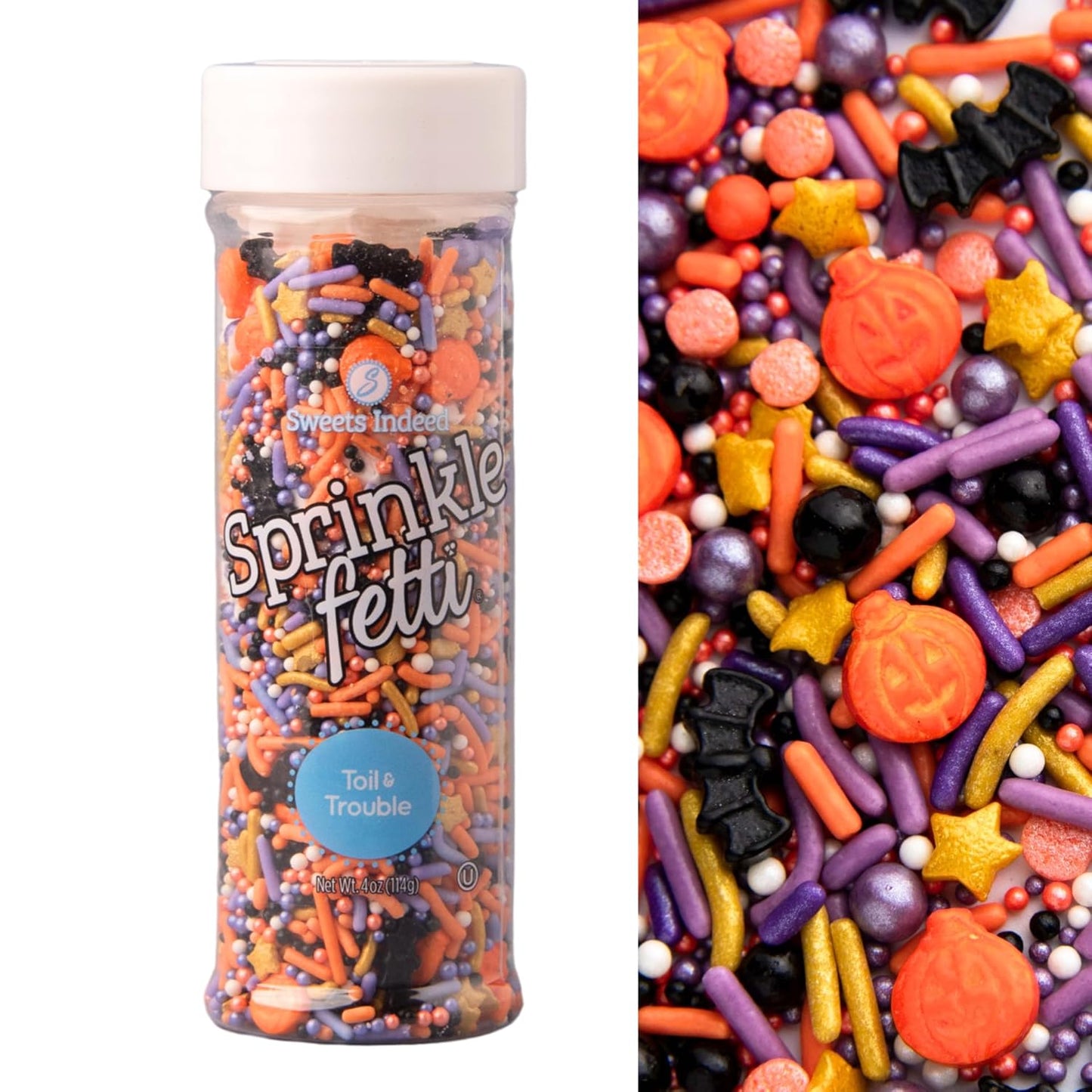 4 oz jar containing six sprinkle types: pumpkins, bats, jimmies, nonpareils, sugar pearls, and confetti quins