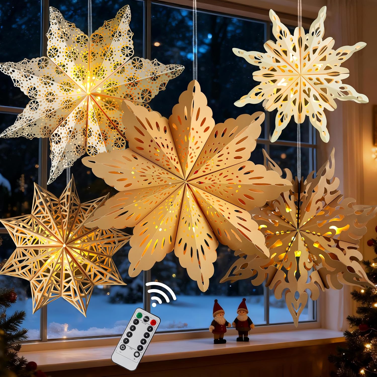 5Pcs White Silver Snowflake Star Lanterns – Clean-Line Seasonal Decor for the Intentional Home, Tool-Free Magnetic Assembly