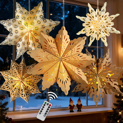 5Pcs White Silver Snowflake Star Lanterns – Clean-Line Seasonal Decor for the Intentional Home, Tool-Free Magnetic Assembly
