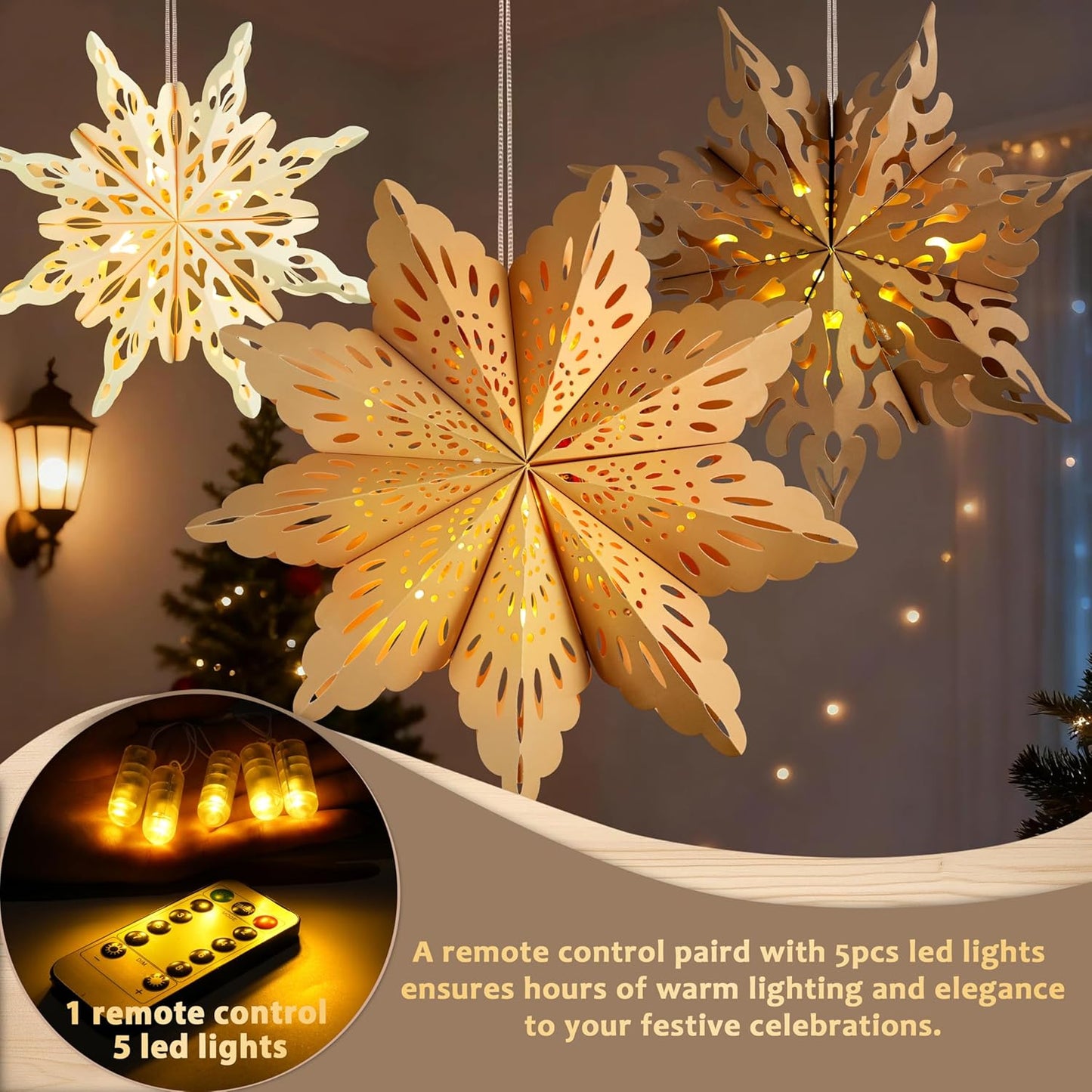 5Pcs White Silver Snowflake Star Lanterns – Clean-Line Seasonal Decor for the Intentional Home, Tool-Free Magnetic Assembly