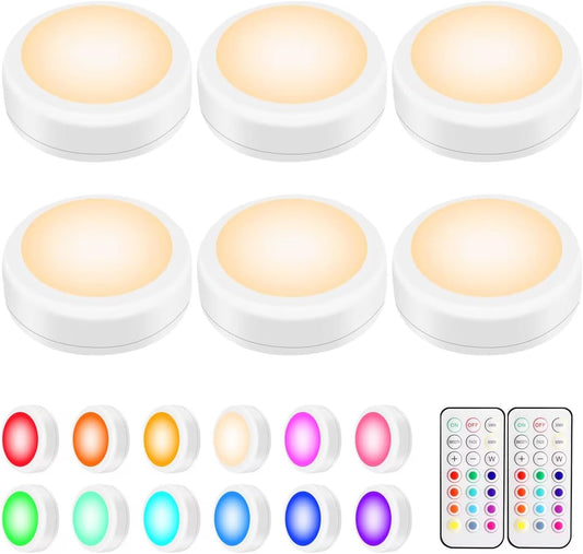 6 led puck lights with 40-lumen max output and dimmable brightness via remote