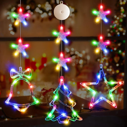 60 multicolor led bulbs distributed across 3 silhouette pieces (bell, tree, star shapes)