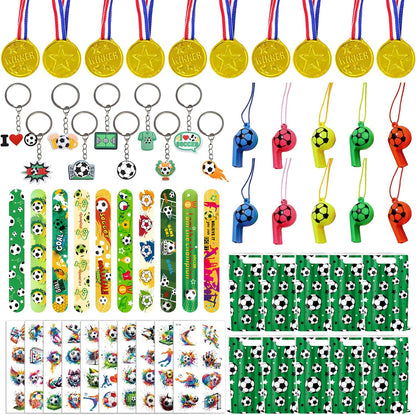 60-piece total count with 10 units each of keychains, slap bracelets, whistles, tattoo stickers, and goodie bags