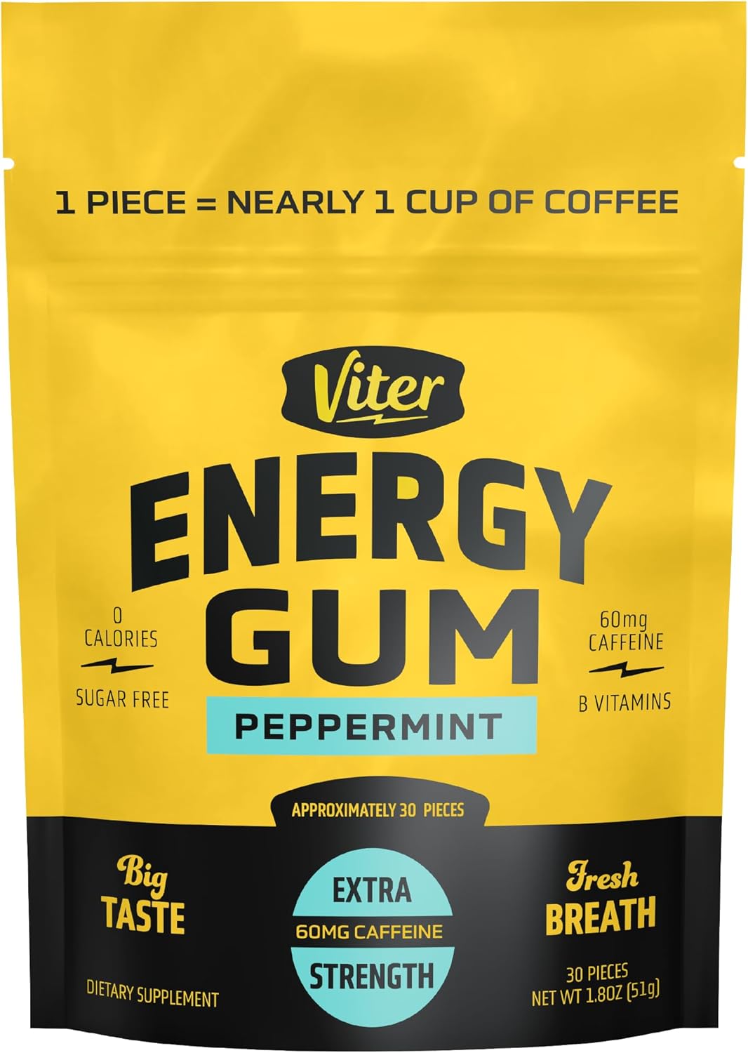 60mg caffeine per piece delivered via chewable gum for fast buccal absorption