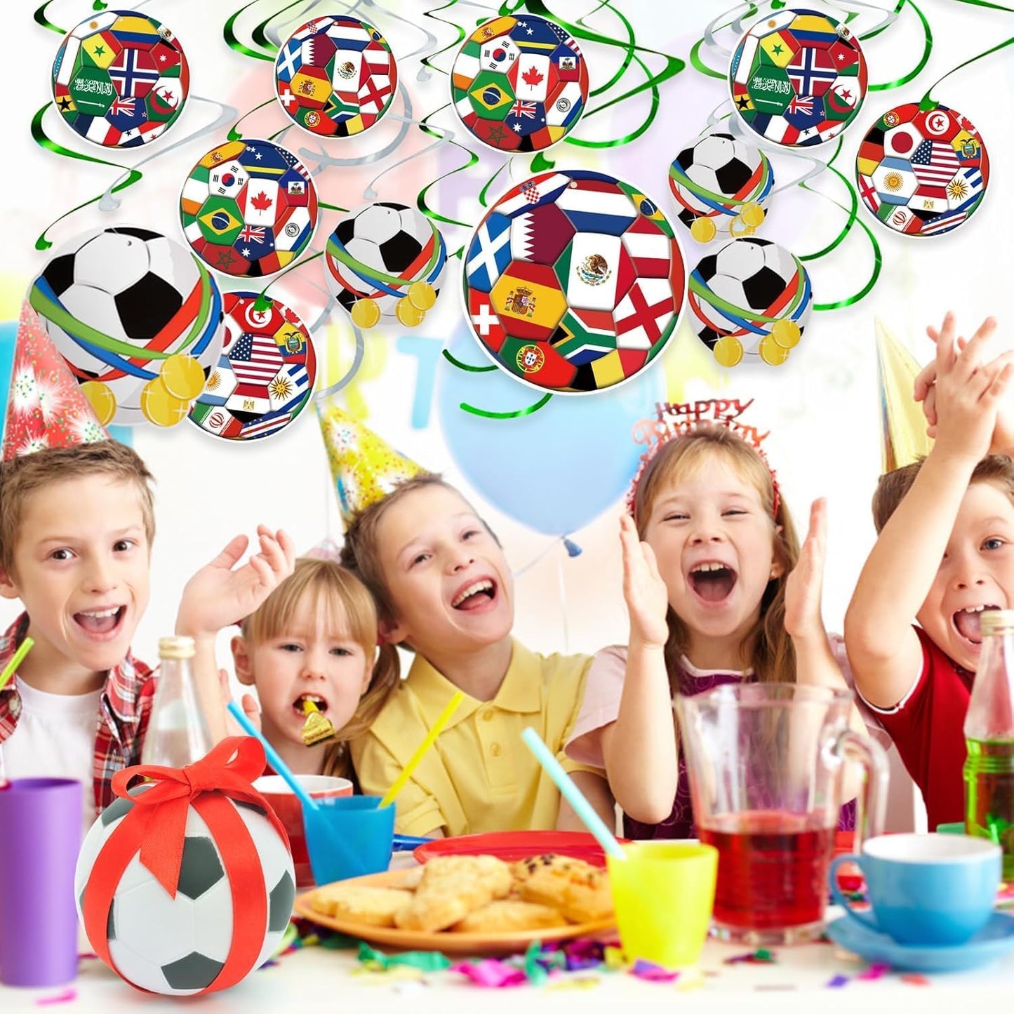 AhfuLife 24pc Soccer Swirl Set – Themed Party Decor for Children's Soccer Birthday, Lightweight Card Cutouts