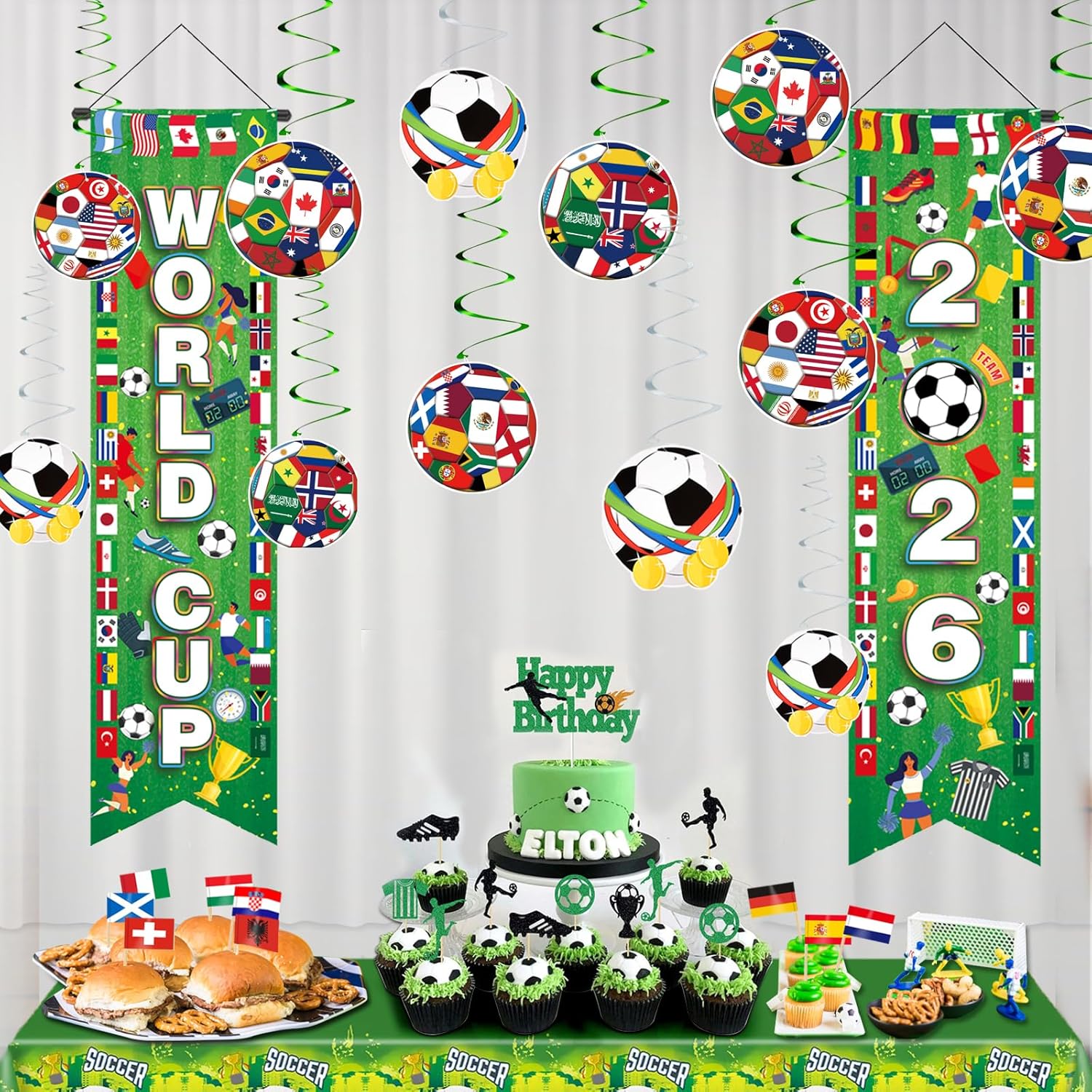AhfuLife World Soccer Cup Hanging Couplet Set 2026 Home Game Day Doorway Decor Patriotic Trophy and Flag Print (Style 2)