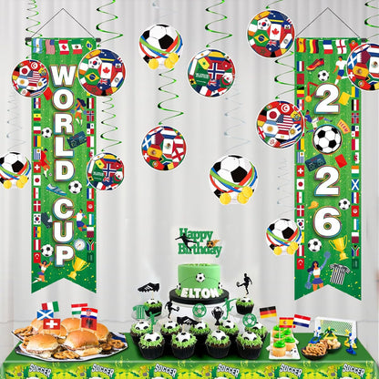 AhfuLife World Soccer Cup Hanging Couplet Set 2026 Home Game Day Doorway Decor Patriotic Trophy and Flag Print (Style 2)