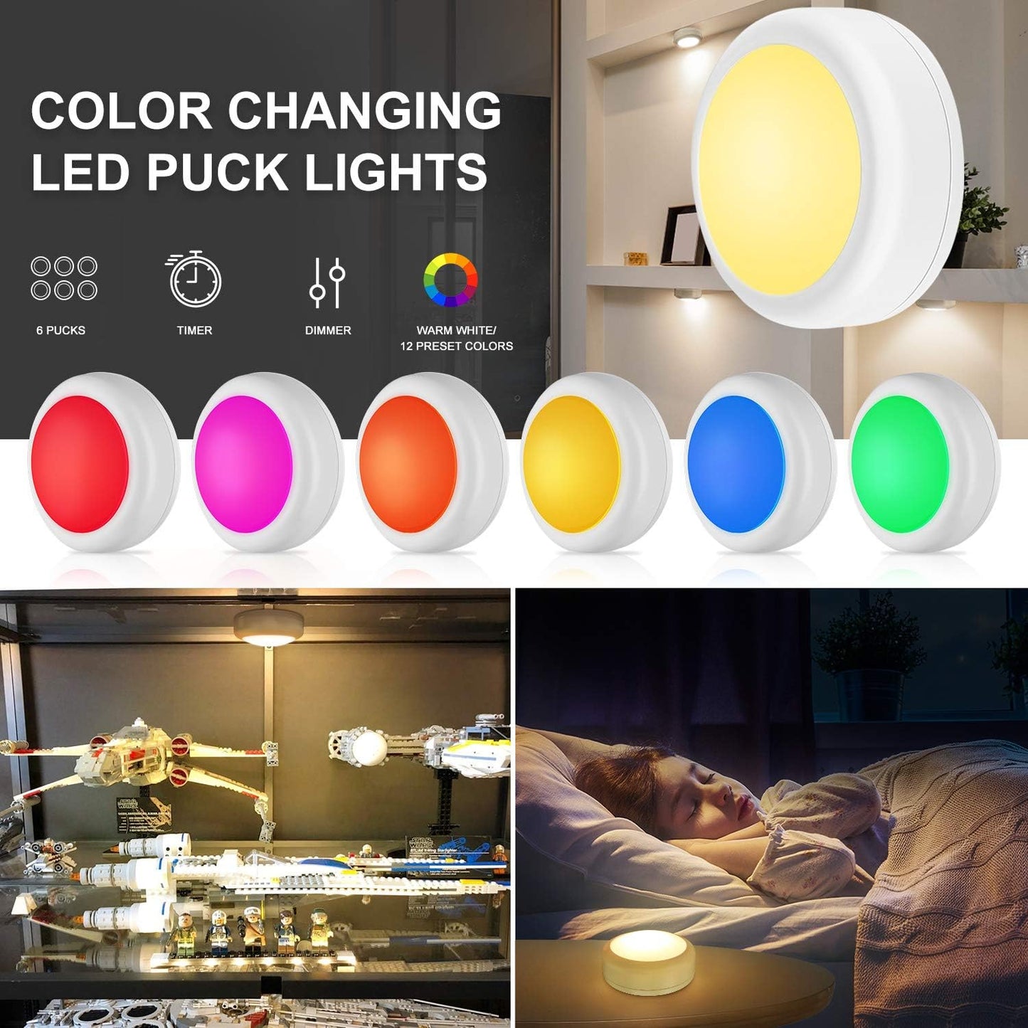 Alivation Battery LED Puck Lights as Birthday Gift for Mom, 13-Color Wireless Night Lighting for Cozy Bedroom Upgrade