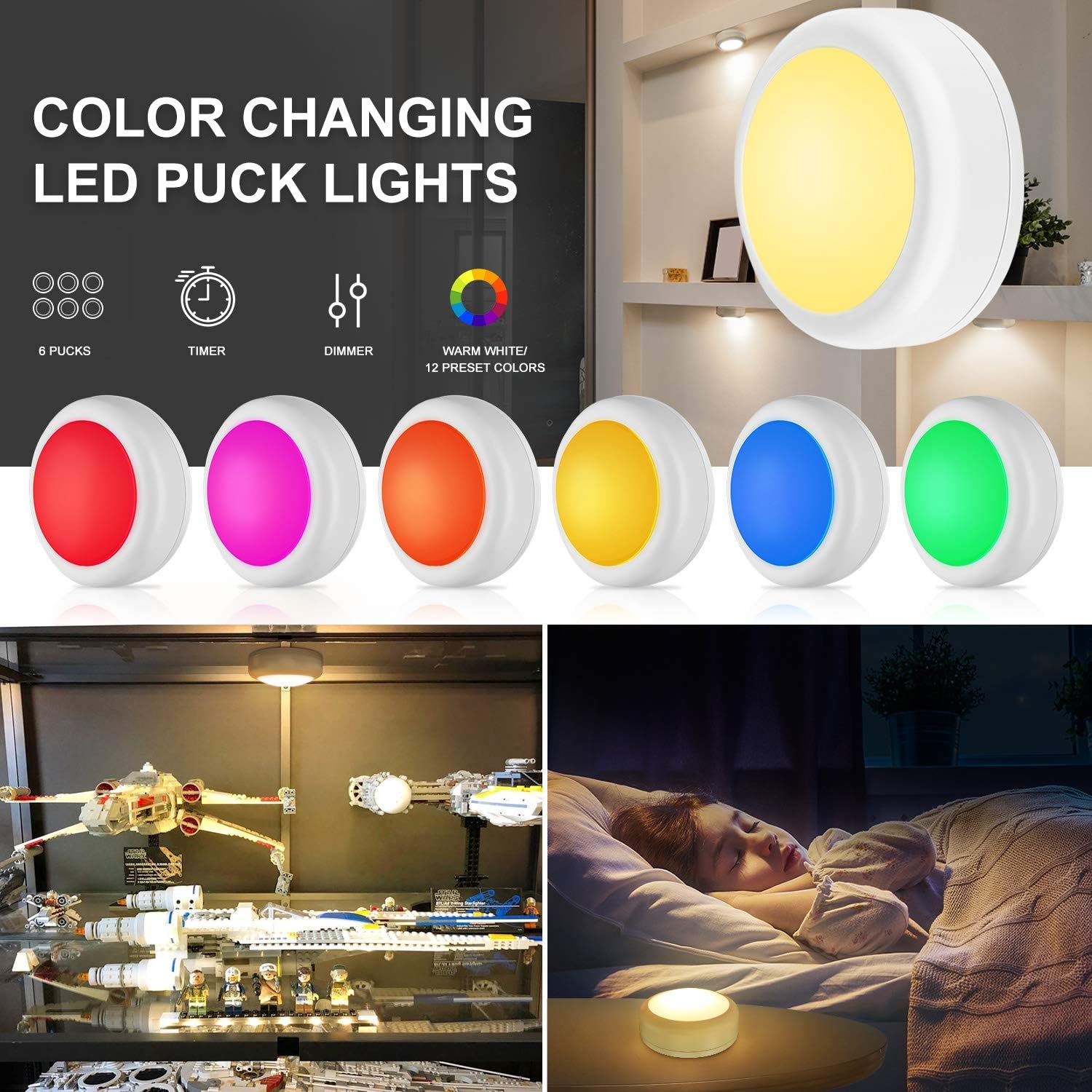 Alivation Battery LED Puck Lights as Birthday Gift for Mom, 13-Color Wireless Night Lighting for Cozy Bedroom Upgrade