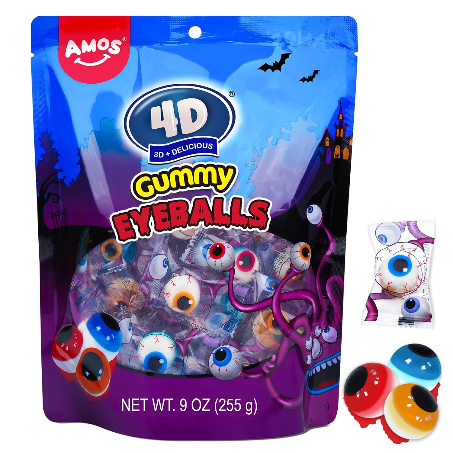Amos Spooky Body Parts Gummy Bag – 32 Wrapped Pieces for Kids' Playroom Parties, Daycare Snacks & Trick-or-Treat Handouts