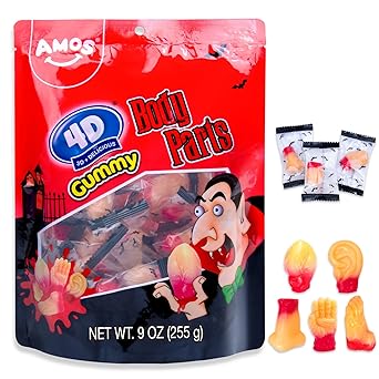 Amos Spooky Body Parts Gummy Bag – 32 Wrapped Pieces for Kids' Playroom Parties, Daycare Snacks & Trick-or-Treat Handouts