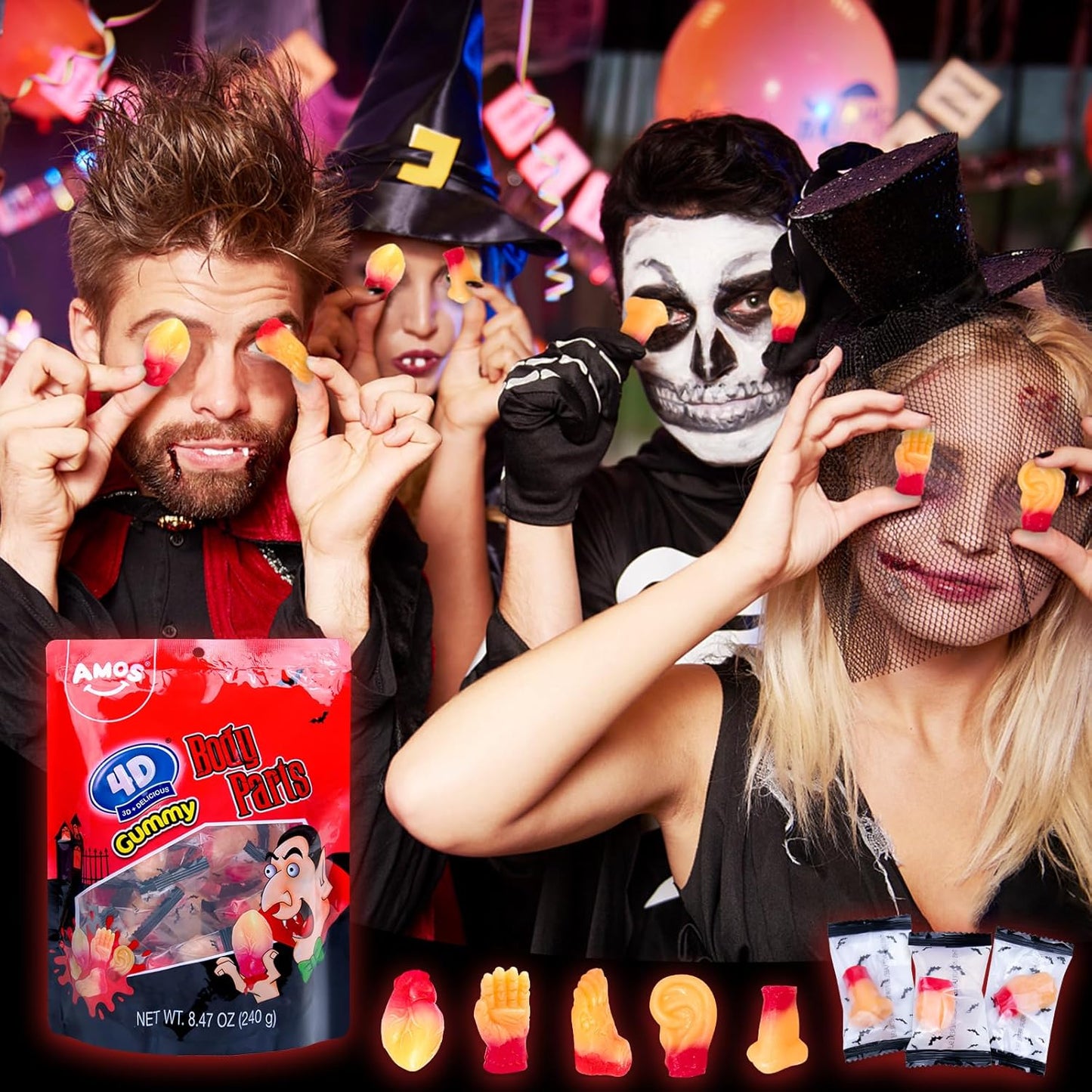 Amos Spooky Body Parts Gummy Bag – 32 Wrapped Pieces for Kids' Playroom Parties, Daycare Snacks & Trick-or-Treat Handouts