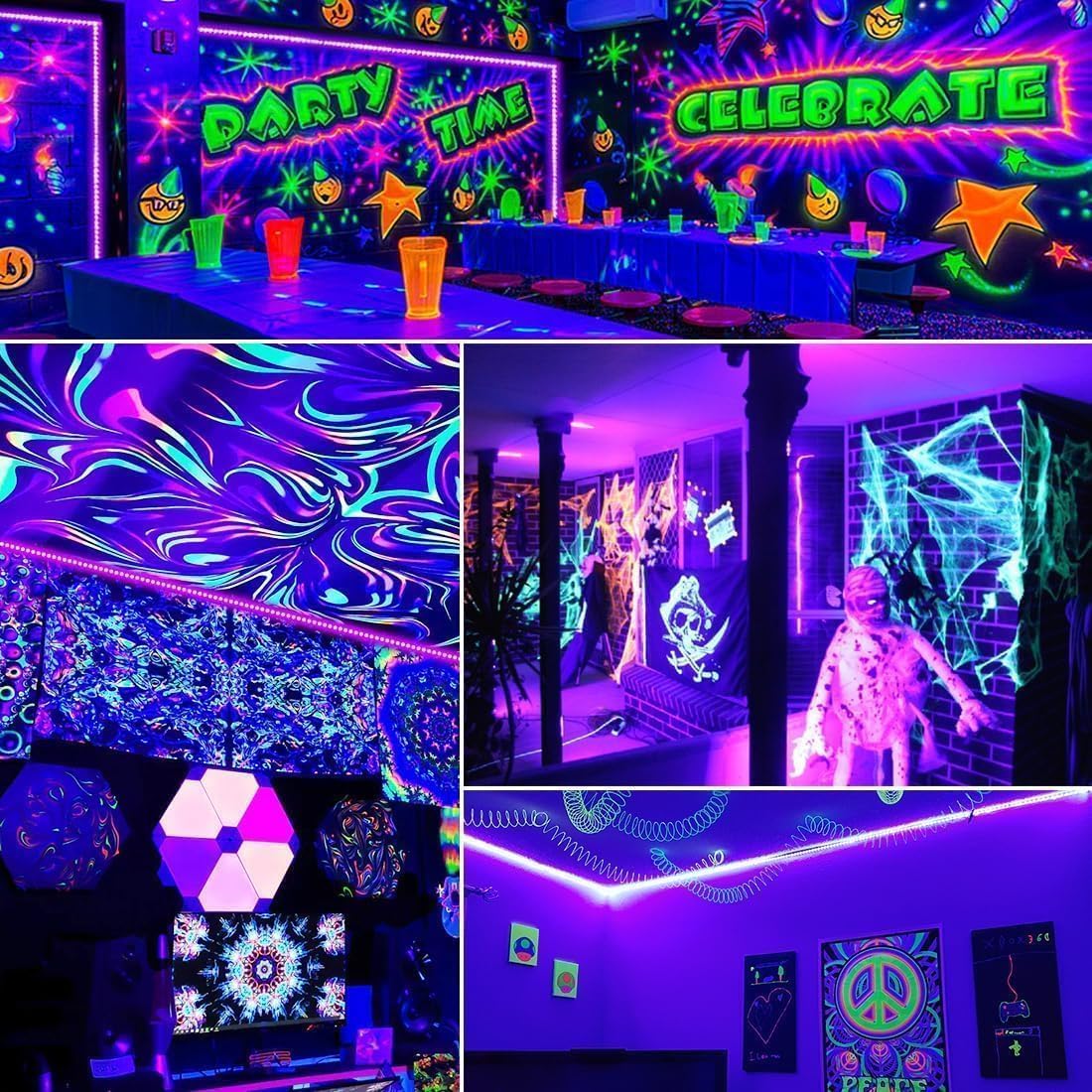 Aogiftr UV-A Blacklight Strip – Basement and Garage Glow Room Accent Lighting, Self-Adhesive Flexible Strip