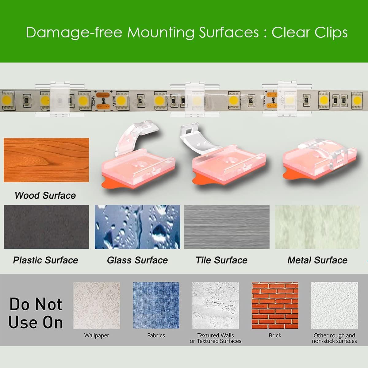 ATB LED Strip Light Brackets for Cubicle Lighting and IT Project Cable Routing, Multi-Surface Mounting Clips, 100 Pack