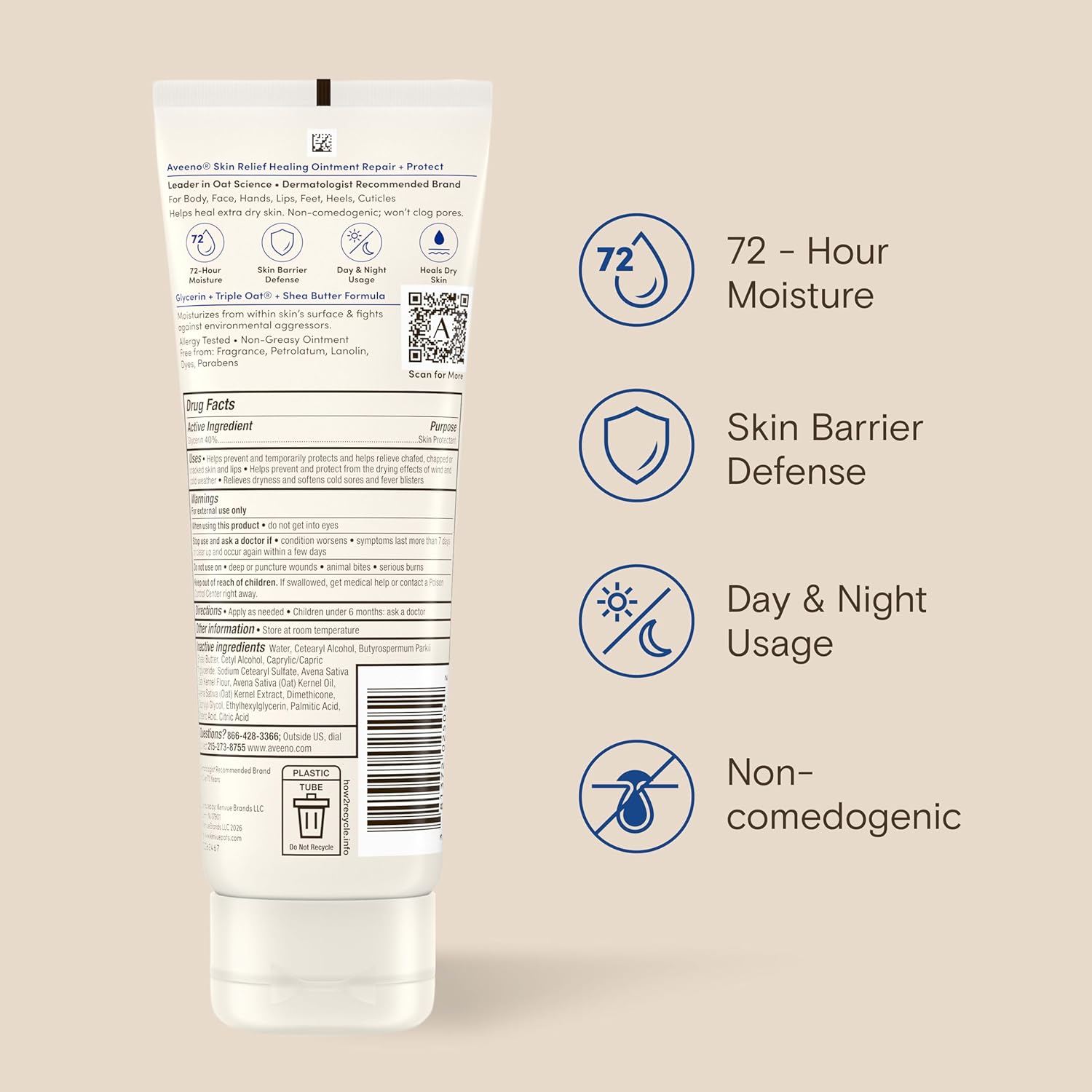 Aveeno Skin Relief Healing Ointment – Nightly Wind-Down Skin Therapy for Cracked Heels, Hands, and Lips, Fragrance-Free