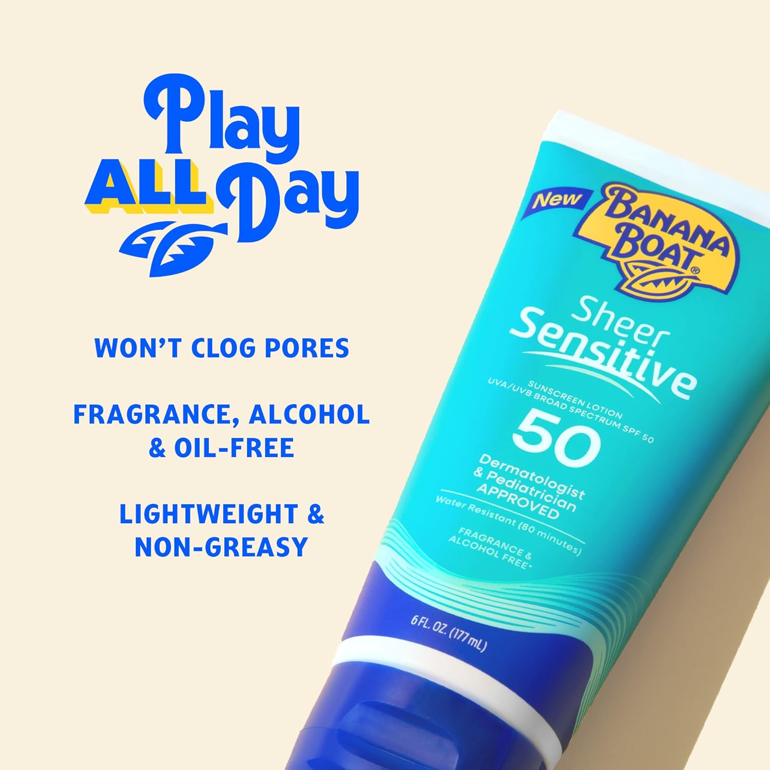 Banana Boat Sheer Sensitive Body Lotion SPF 50 – 80-Minute Water-Resistant SPF for Pool, Beach, and Outdoor Events, 3oz