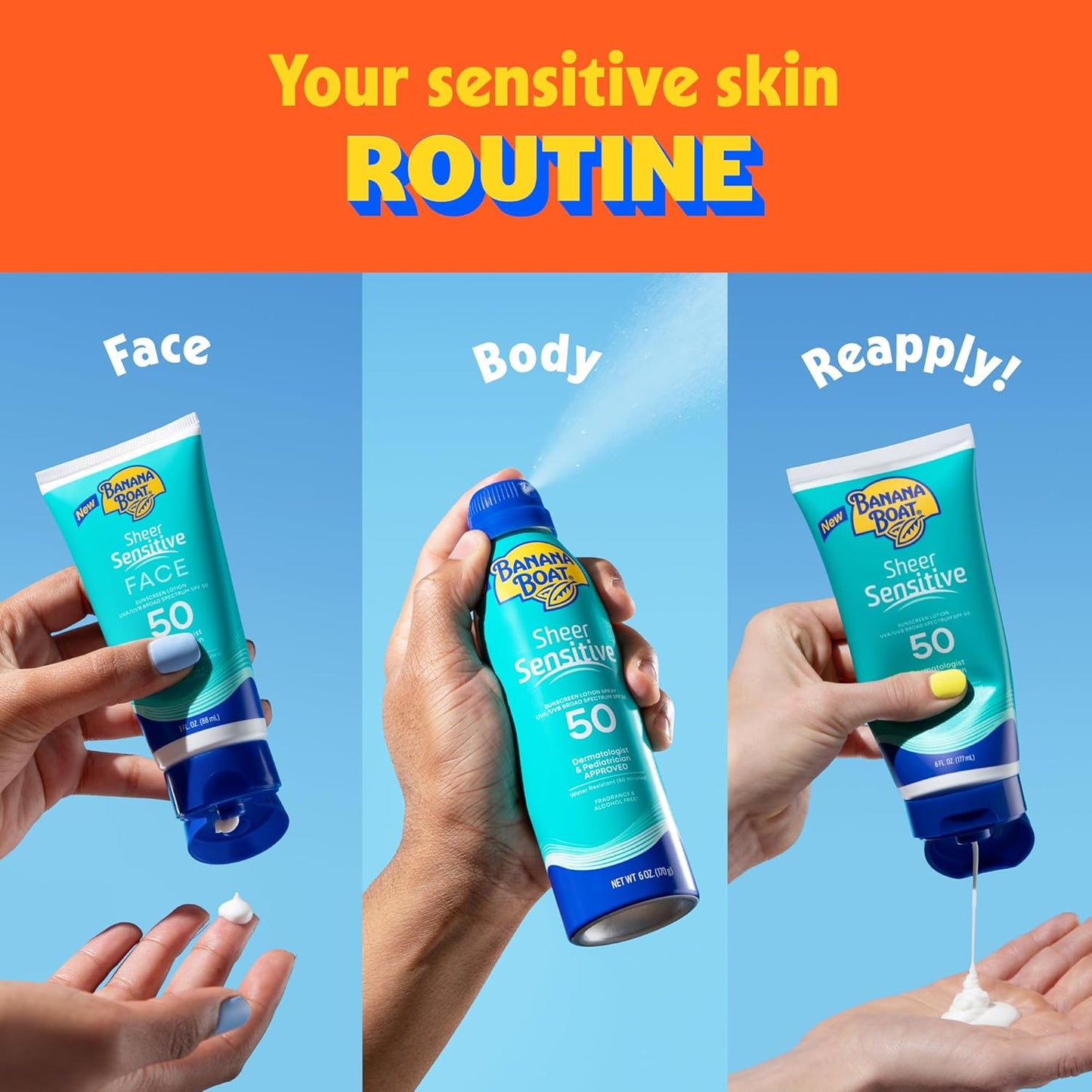 Banana Boat Sheer Sensitive Body Lotion SPF 50 – 80-Minute Water-Resistant SPF for Pool, Beach, and Outdoor Events, 3oz