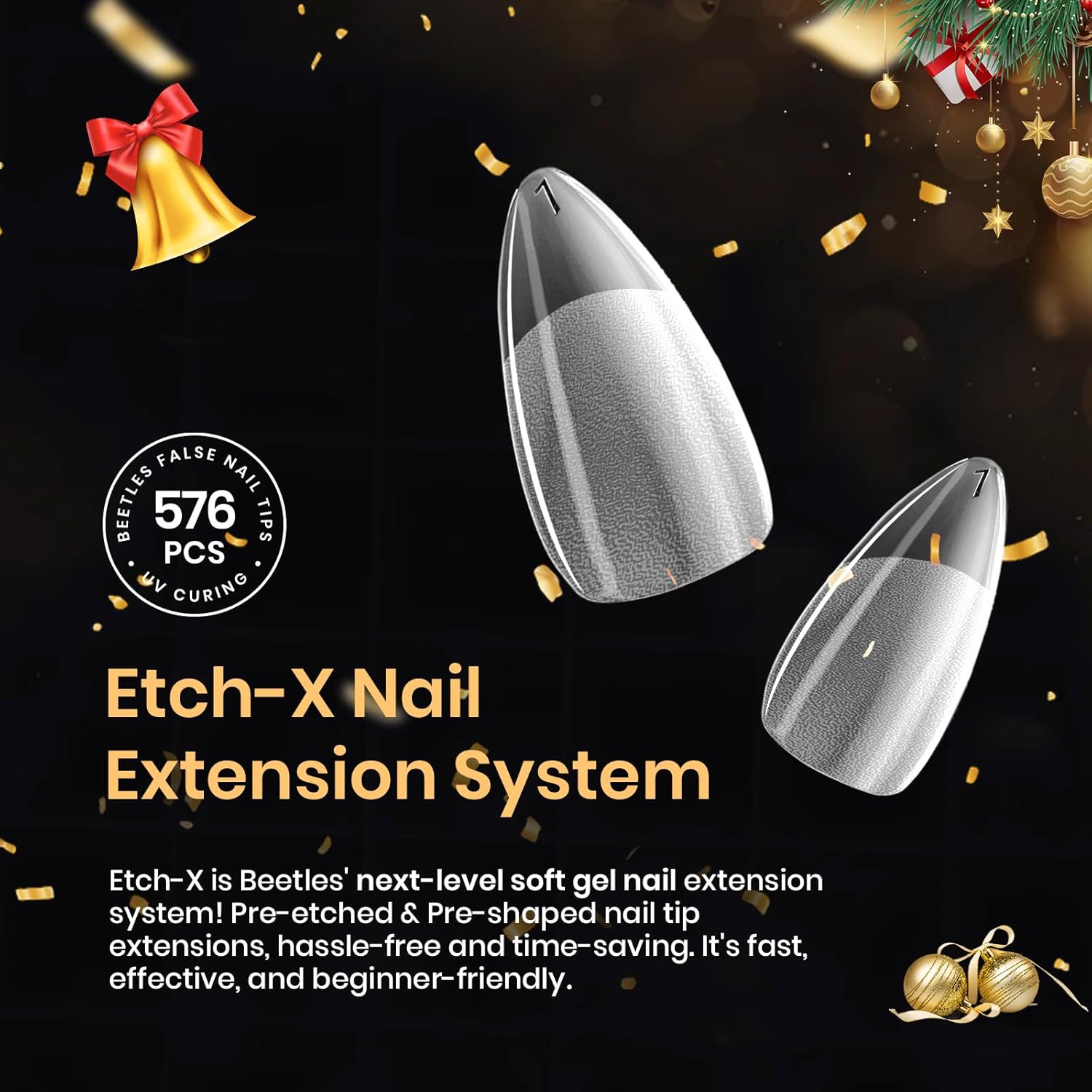Beetles Gel Nail Tips 576Pcs Pre-shape Short Almond Etch-X Nail Tips – Valentine's Day Gift for Her, Elegant Almond Press-On Nail Art Starter Kit