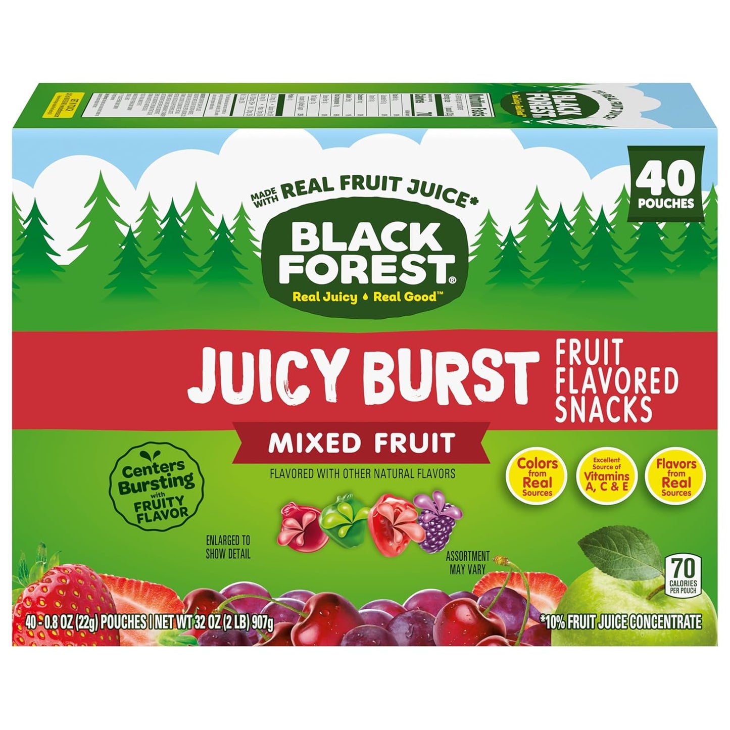 Black Forest Juicy Burst Guilt-Free Gummy Snacks – Naturally Flavored Fruit Pouches, 40 Count Box