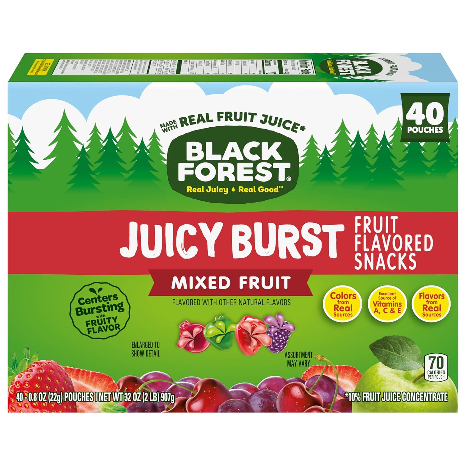 Black Forest Juicy Burst Guilt-Free Gummy Snacks – Naturally Flavored Fruit Pouches, 40 Count Box