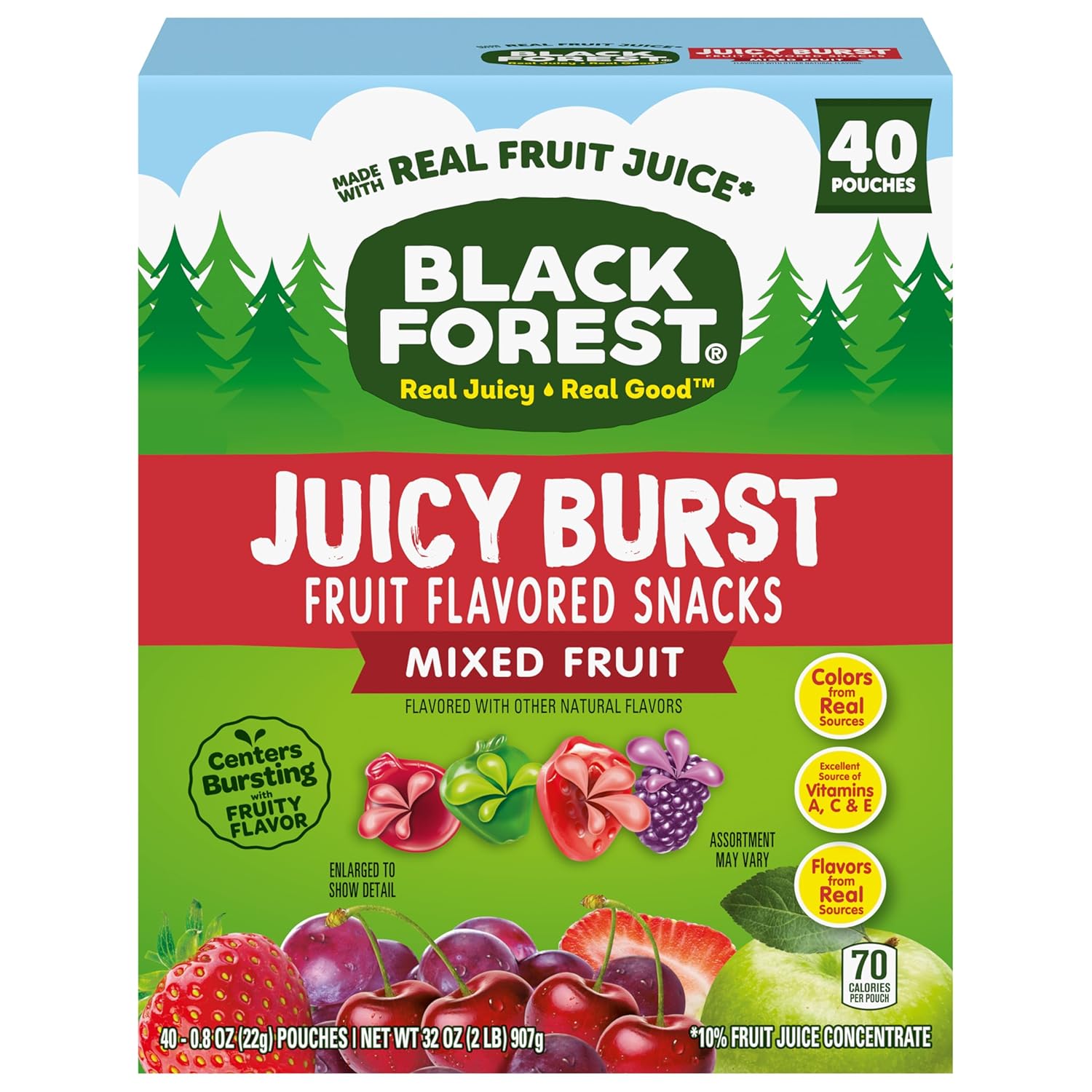 Black Forest Juicy Burst Guilt-Free Gummy Snacks – Naturally Flavored Fruit Pouches, 40 Count Box
