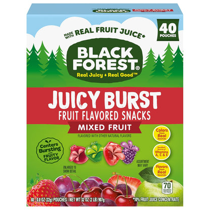 Black Forest Juicy Burst Guilt-Free Gummy Snacks – Naturally Flavored Fruit Pouches, 40 Count Box