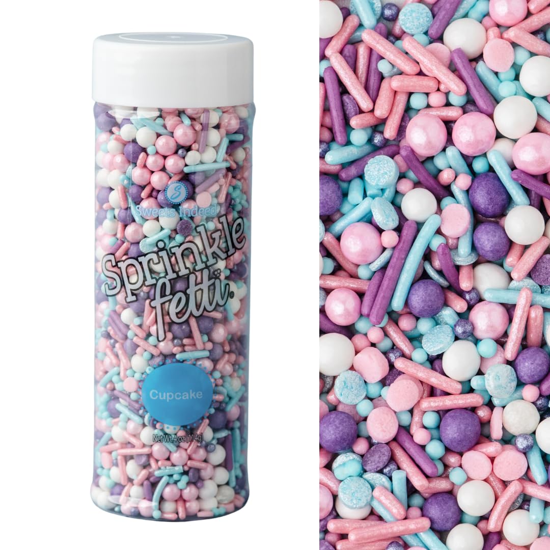 blend of multiple sprinkle formats: jimmies, sugar pearls, nonpareils, confetti quins, and sugar shapes