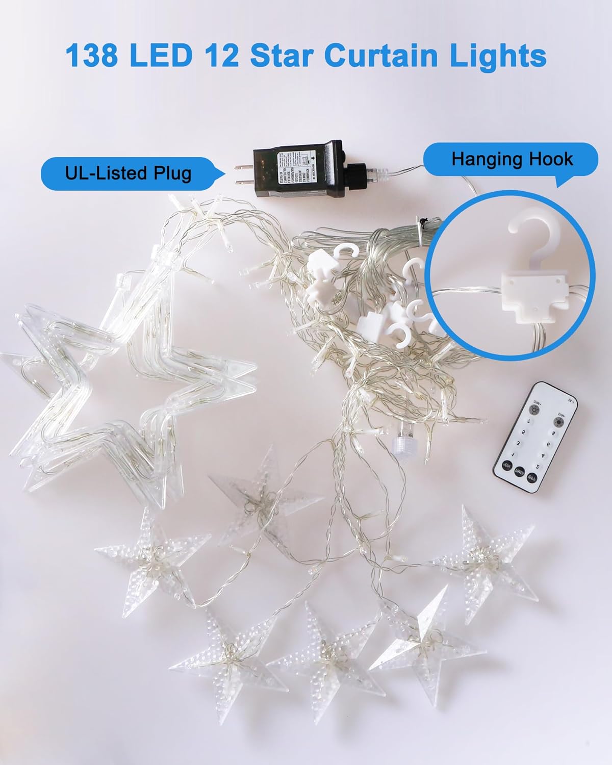 Blingstar Star Curtain Lights Cool White 138 LED 8.2 Ft Plug in Window Lights for Modern Home Decor and Dining Room Backdrop