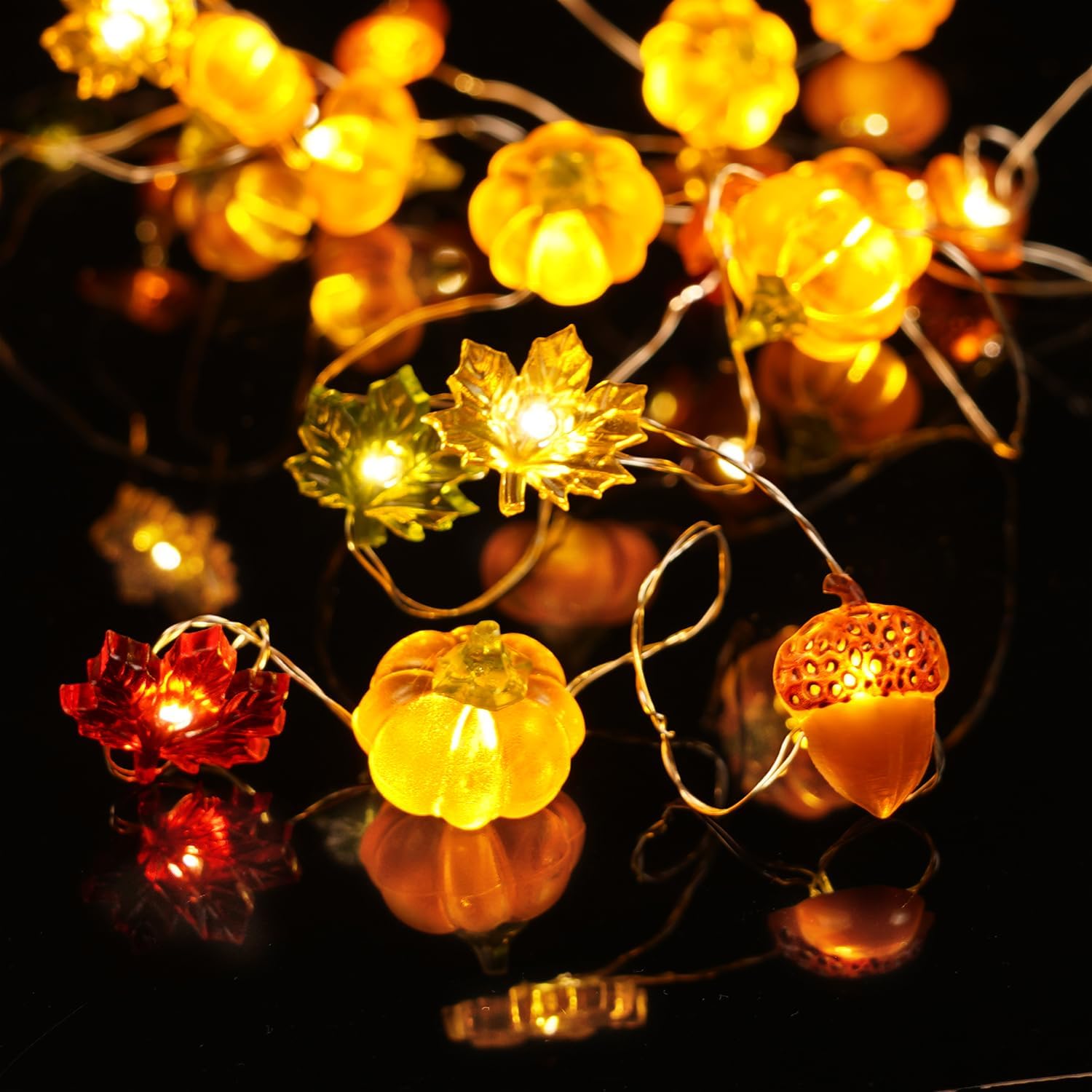BOHON Harvest String Lights with Acorns Pumpkins & Leaves – Dining Table Centerpiece Garland, Warm White Indoor Home Decor