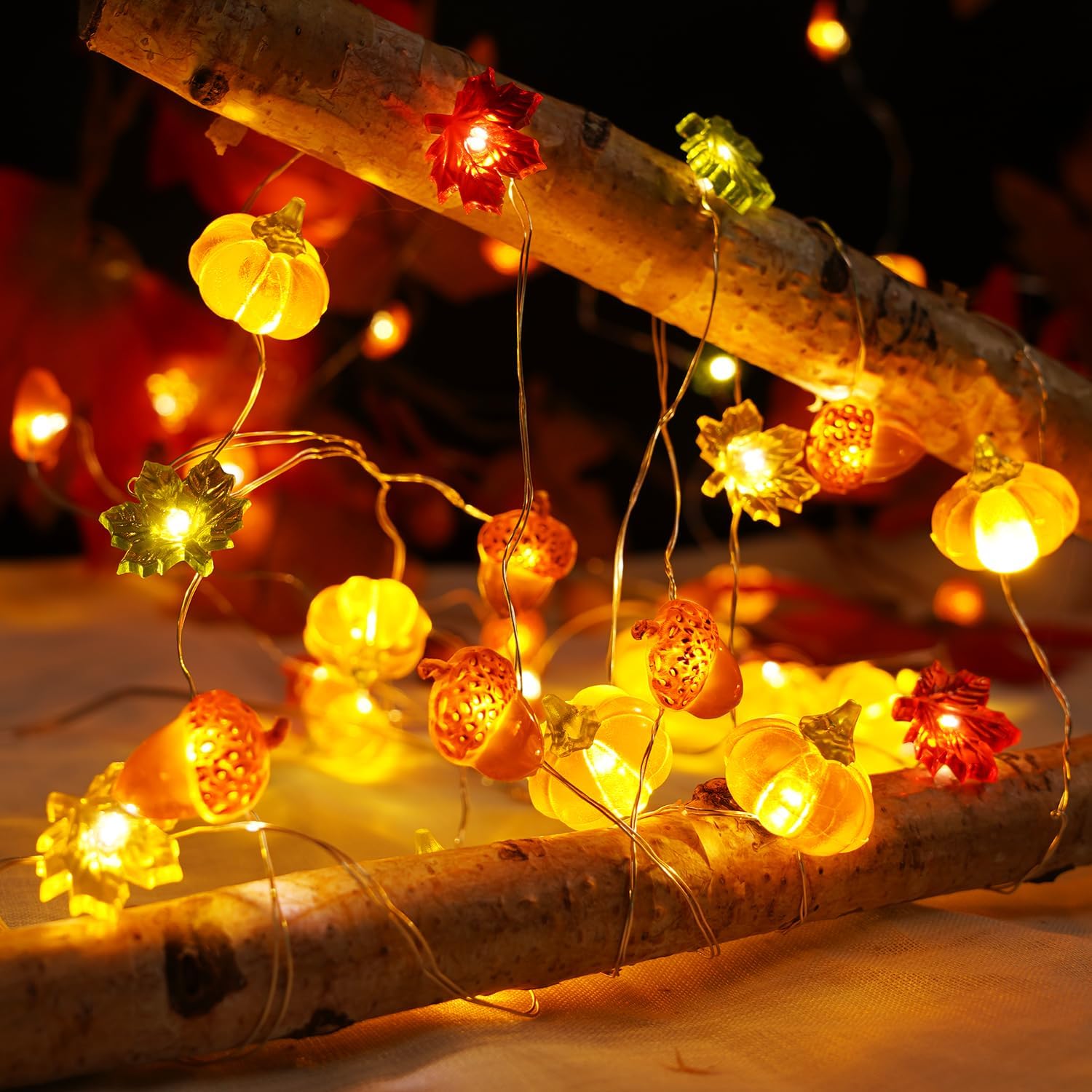 BOHON Harvest String Lights with Acorns Pumpkins & Leaves – Dining Table Centerpiece Garland, Warm White Indoor Home Decor