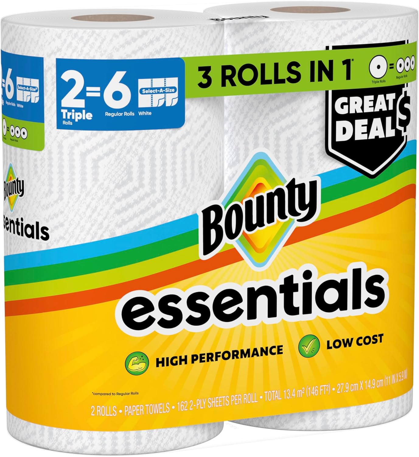 Bounty Essentials Select-A-Size Paper Towels – Tidy Countertop Look for Open-Concept Dining Areas, 2 Triple Rolls