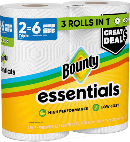Bounty Essentials Select-A-Size Paper Towels – Tidy Countertop Look for Open-Concept Dining Areas, 2 Triple Rolls
