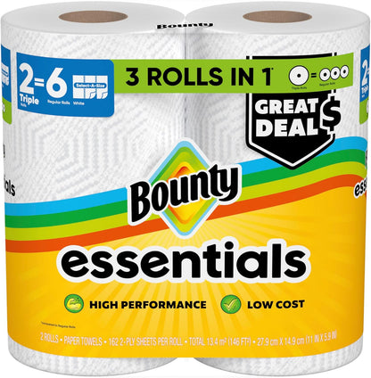 Bounty Essentials Select-A-Size Paper Towels – Tidy Countertop Look for Open-Concept Dining Areas, 2 Triple Rolls