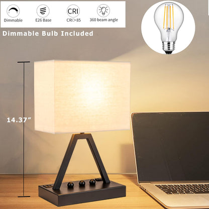 Briever Touch Lamp with Charging Hub – Clean-Lined Desk Lamp for Small Spaces with Cream Linen Shade and Hidden Cable Design