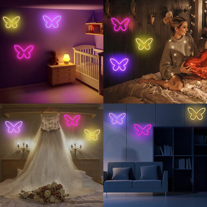 BRIGHTDECK Butterfly Neon Wall Art Trio – Playroom and Kids Bedroom Lighting, No Flame No Heat USB or Battery Operated Decorative Signs
