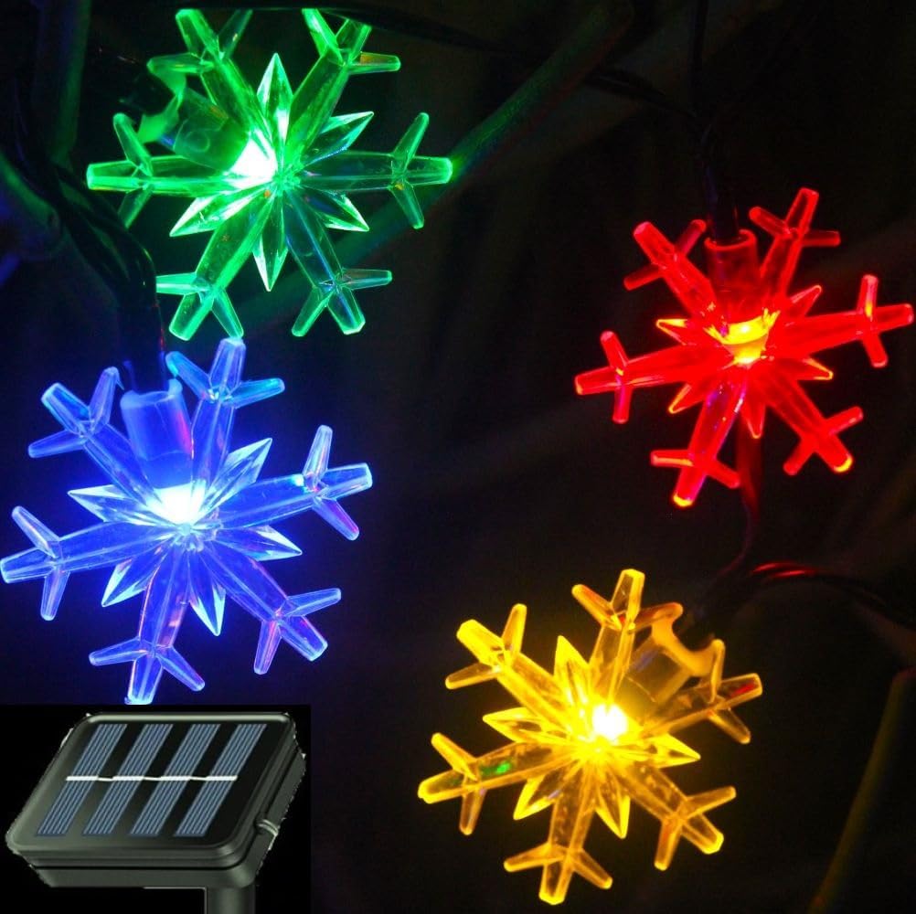Brightever Solar Snowflake String Lights 20 Ft 30 LED – Housewarming Gift for New Homeowners, Solar Powered Garden Decor